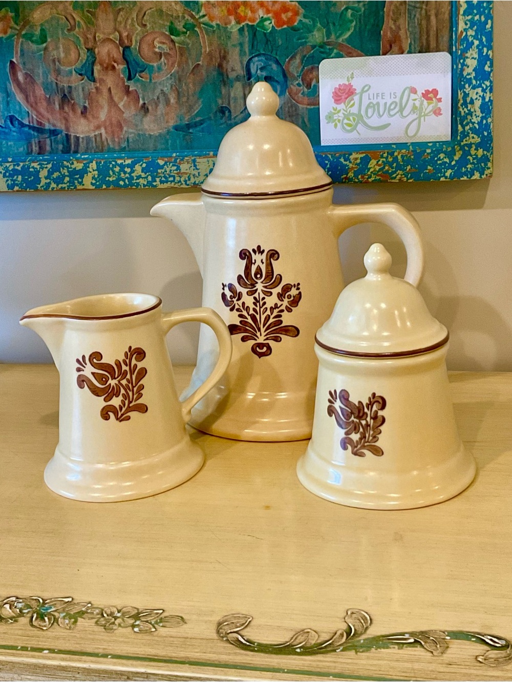 Pfaltzgraff Cream and Brown Floral Stoneware Coffee Set
